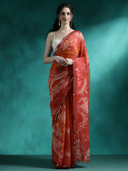 Lush Glam - Orange Designer Fancy Mirror Work Saree with Unstitched Blouse