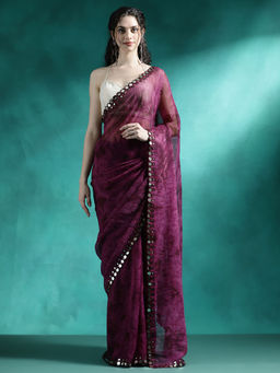 Lush Glam - Purple Designer Fancy Mirror Work Saree with Unstitched Blouse