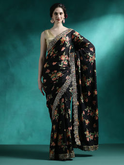 Lush Glam - Black Designer Fancy Floral Saree with Unstitched Blouse