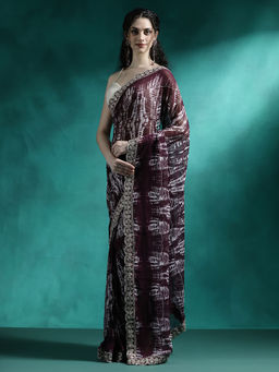 Lush Glam - Wine Designer Fancy Printed Saree with Unstitched Blouse