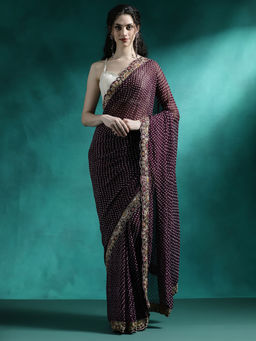 Lush Glam - Wine Designer Fancy Printed Saree with Unstitched Blouse