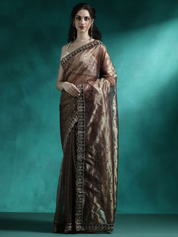 Lush Glam - Brown Designer Fancy Embroidered Saree with Unstitched Blouse