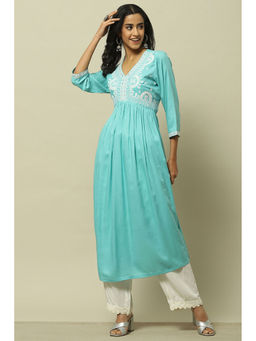 Rangriti - Cyan Blue Rayon Slub Tiered Kurta