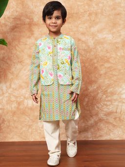 Readiprint - Green Floral Kurta with Jacket and Pyjama (Set of 3)