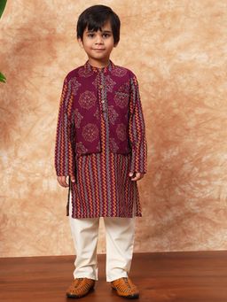 Readiprint - Burgundy Floral Kurta with Jacket and Pyjama (Set of 3)