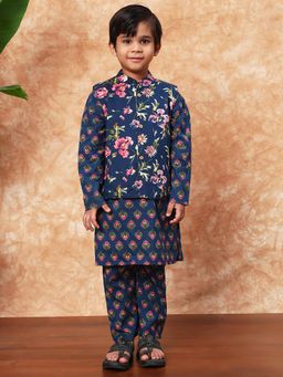 Readiprint - Navy Blue Floral Kurta with Jacket and Pyjama (Set of 3)