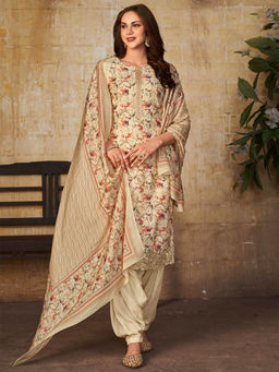 Odette - Beige Floral Print Muslin Blend Dress Material for Women