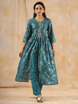 Jaipur Kurti - Floral Printed Teal Gathered Kurta with Pants (Set of 2)