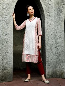 Jaipur Kurti - White and Maroon Ethnic Printed Straight Kurta