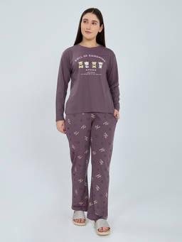 Monte Carlo - Purple Regular Fit Print Full Sleeve Round Neck T-Shirt with Pyjama
