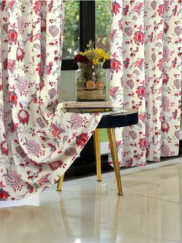 Cortina - Multi Red Leaf Cotton Curtain