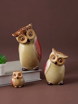 Tayhaa - Elegant Look Owl Shape Ceramic Showpiece (Set Of 3)