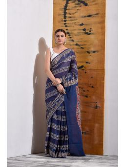 Sutra Attire - Blue Block Printed Pure Cotton Saree with Unstitched Blouse