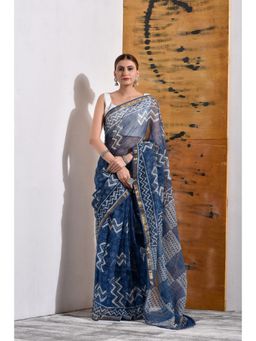 Sutra Attire - Hand Block Printed Pure Kota Doria Blue Saree with Unstitched Blouse