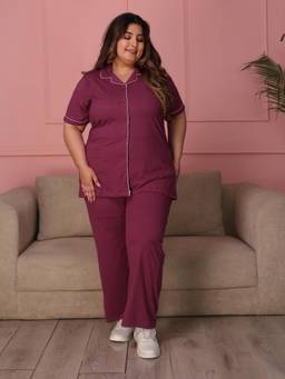 TITTLI - Women Pure Cotton Shirt and Pyjama-Wine