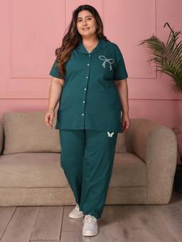 TITTLI - Women Pure Cotton Shirt and Pyjama-Teal