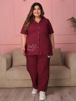 TITTLI - Women Pure Cotton Shirt and Pyjama-Maroon