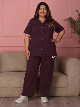 TITTLI - Women Pure Cotton Shirt and Pyjama-Wine