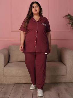 TITTLI - Women Pure Cotton Shirt and Pyjama-Maroon