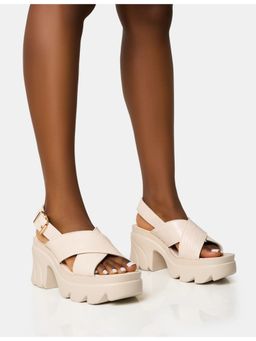 PUBLIC DESIRE - Flare White Cross Strap Chunky Mid Sandal Heels