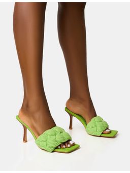 PUBLIC DESIRE - Nectar Green Wooden Stack Knitted Square Toe Heels