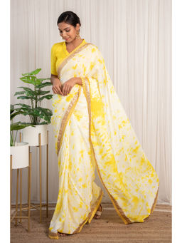 Label Kanupriya - Yellow Off-White Shibori Saree with Unstitched Blouse