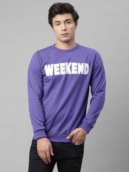 RIGO - Men Purple Weekend Print Round Neck Terry Sweatshirt