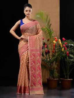 CHARUKRITI - Beige & Pink Handwoven Saree with Woven Chevron Designs