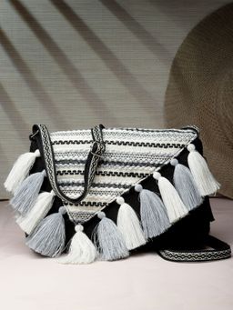 Anekaant - Geomat Black & Silver Striped Jacquard Cotton Canvas Sling Bag
