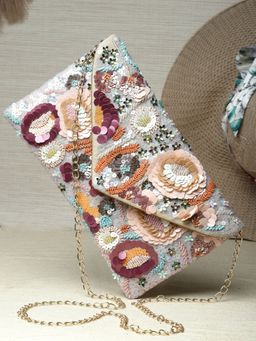 Anekaant - Ghoomar Cream & Pastel Multi Floral Embellished Suede Sling Bag