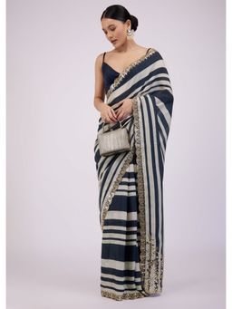 KALKI FASHION - Insignia Blue Saree In Muslin with White Stripes and Embroidery with Unstitched Blouse