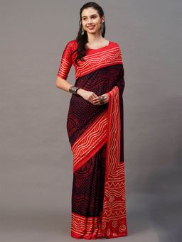 Odette - Black & Red Casual Satin Silk Printed Saree with Unstitched Blouse