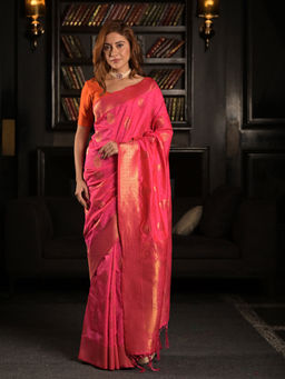 EXCLUSIVA - Pink Soft Satin Silk Banarasi Saree with Unstitched Blouse