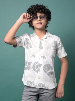 CRIMSOUNE CLUB - Boy's Beige Printed Resort Collar Linen Shirt