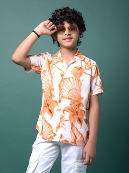 CRIMSOUNE CLUB - Boy's Orange Floral Printed Resort Collar Shirt