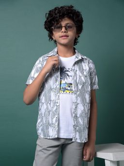 CRIMSOUNE CLUB - Boy's Grey 100% Cotton Shirt & Tee Set Printed Layered Look