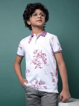 CRIMSOUNE CLUB - Boy's Purple Floral Printed Polo Neck T-Shirt