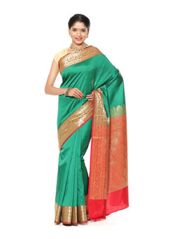 Banarasi Silk Works - Green Valkalam Katan Silk Anchal Saree with Unstitched Blouse