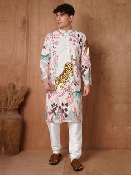 TRYBUY.IN - White Printed Full Sleeves Kurta with Pyjama
