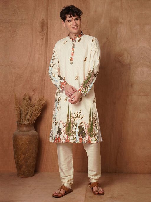TRYBUY.IN Cream Printed Full Sleeves Kurta with Pyjama