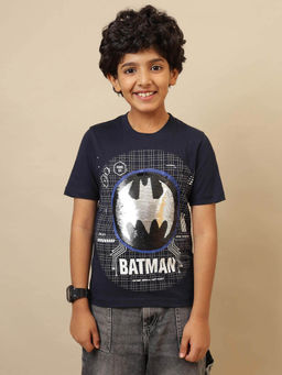 Kidsville - Navy Blue Official Batman Printed Regular Fit Reversible Sequin T-Shirt