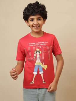 Kidsville - Red One Piece Luffy Anime Printed Regular Fit T-Shirt