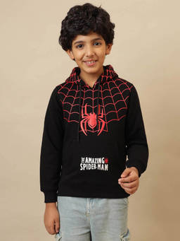 Kidsville - Black Official Spiderman Printed Regular Fit Hoodie