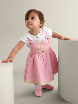 My Milestones - Pink Chloe Double Cloth Dungaree Dress with Crochet Details and T-Shirt