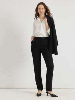 FableStreet - Black Linen Mid Rise Tapered Trouser