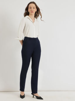 FableStreet - Navy Blue Linen Mid Rise Tapered Trouser