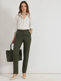 FableStreet - Olive Linen Mid Rise Tapered Trouser