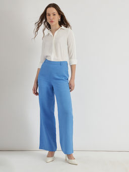 FableStreet - Blue Linen Mid Rise Straight Leg Trouser