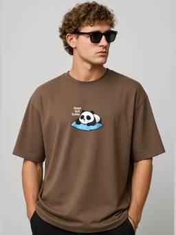HAZUKU - Men'S Light Brown Nope Not Today Panda Graphic Oversized T-Shirt