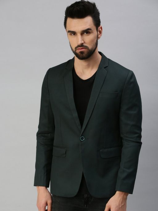 SHOWOFFFF Men Notched Lapel Single-Breasted Green Solid Blazer
